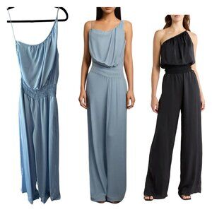 NWT Ramy Brook Gionna Misty Blue One Shoulder Wide Leg Jumpsuit‎ Size L